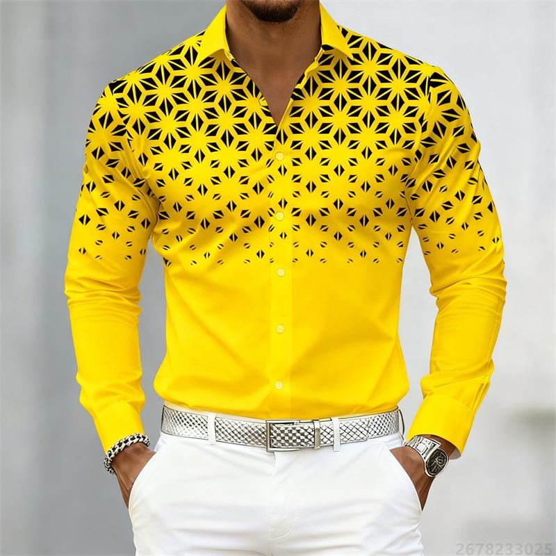 10 Colors of Men's Shirts, Fashionable Geometric Pattern Print Long Sleeve Shirts, Personalized Trendy Slim Lapel Casual Shirts