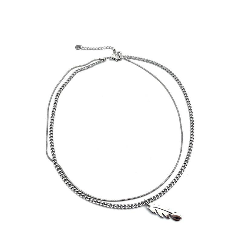 

Geometric Style Titanium Steel Feather Pendant Necklace For Men Women With Multilayer Design