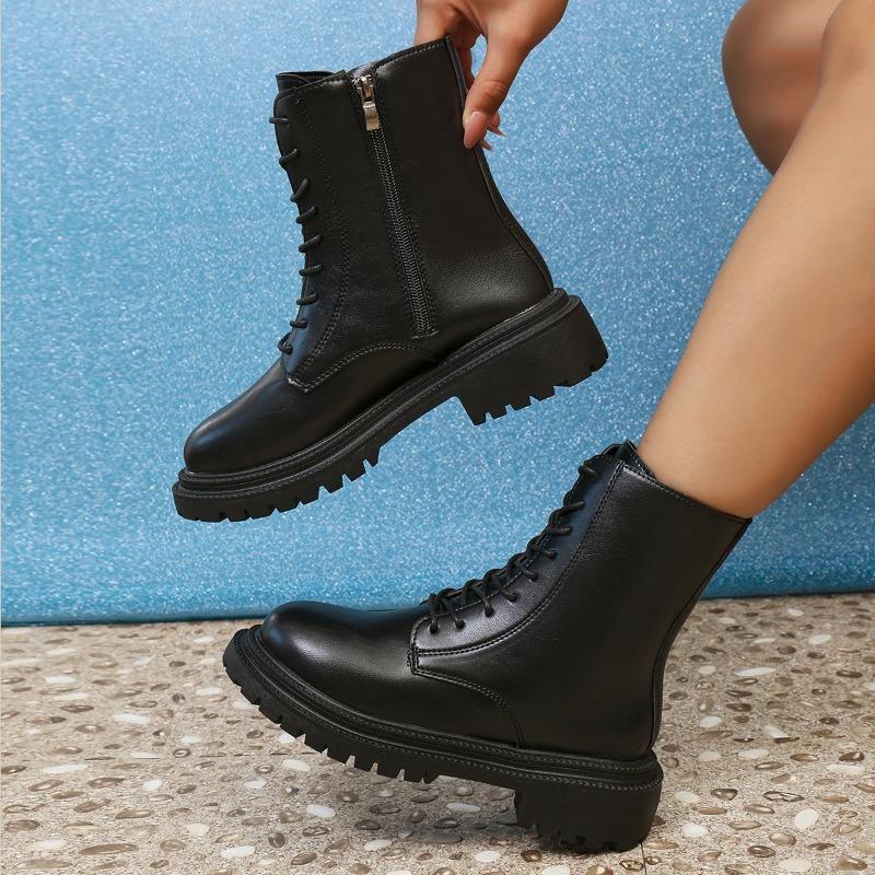 Autumn New Mid Length Boots Black Anti Slip Trendy Footwear Fashion Laceup Boots Ladies Thick Heeled Casual Shoes Botas
