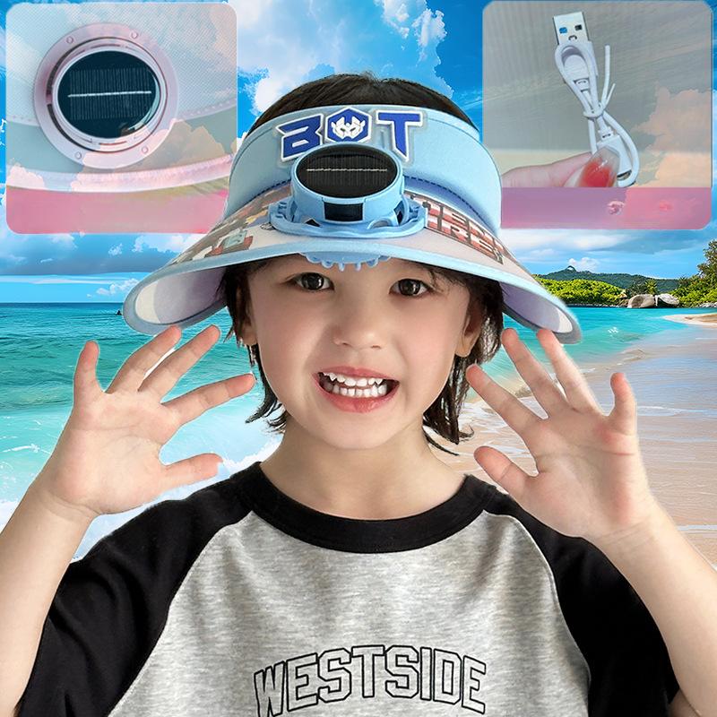 Solarventilatorhut Kinder Sonnenschutzhut Junge Sommer UV Himmel Zylinder Sonnenhut