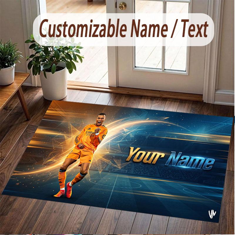 Custom Rug Kylian Mbappe Pattern Print Name Text Soft Non‑Slip Floor Carpet for Home Indoor Decoration