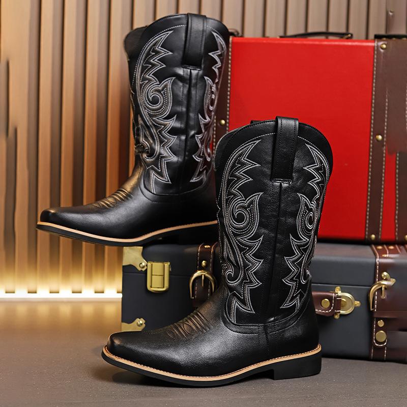 Men's Size 48 Leather High-Top Boots - Retro Cowboy Style for Spring, Autumn, and Winter