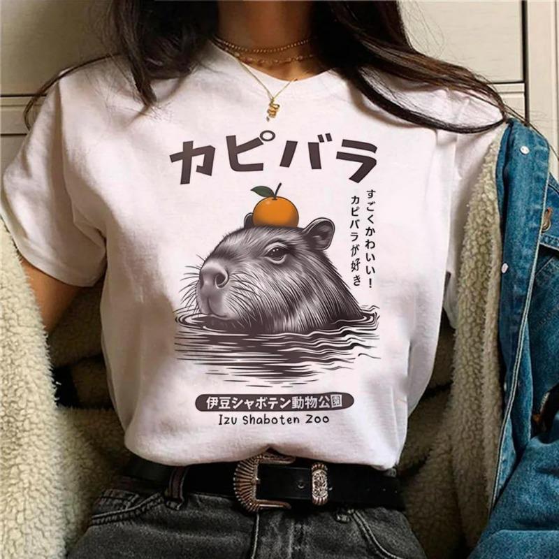 Summer Minimalist Capybara Pattern Printed Loose Round Neck Pure Cotton Short Sleeved Shirt T-Shirts Women’s