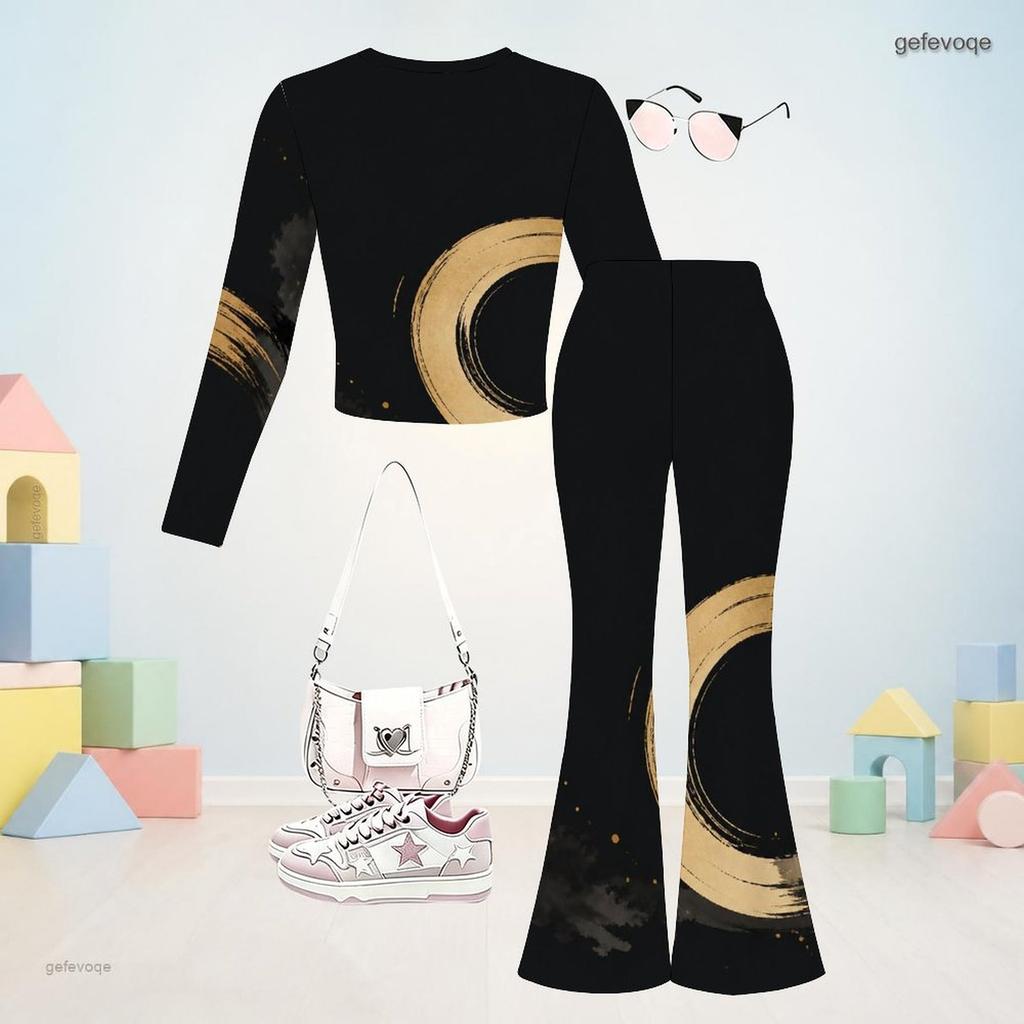 Girls Star Printed Round Neck Long Sleeve Top And Flared Pants Two Piece Outfit