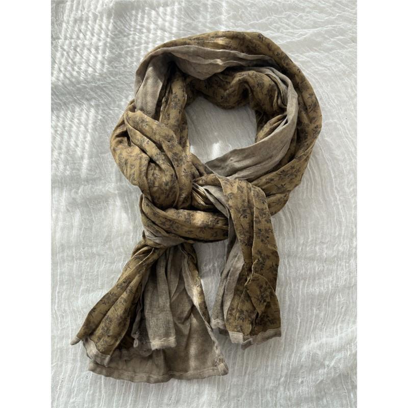 Johnature Floral Edging Scarf Women Retro Japanese Versatile Pleated Shawl Four Seasons Decorative Scarf Women