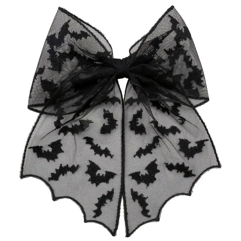 

Gothic Lace Bow Hair Clip with Bat Silhouettes in Punk Black and White Halloween Accessory Everyday Wear Fashion Festive Gift чёрный
