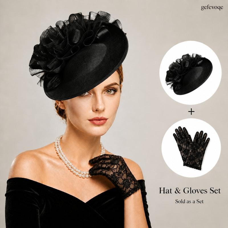 

2PCS Womens Fascinator Hat with Lace Gloves Set Elegant Feather Veil Headpiece for Tea Party Derby Wedding Cocktail Party Vintage Hair Accessory One Size чорний