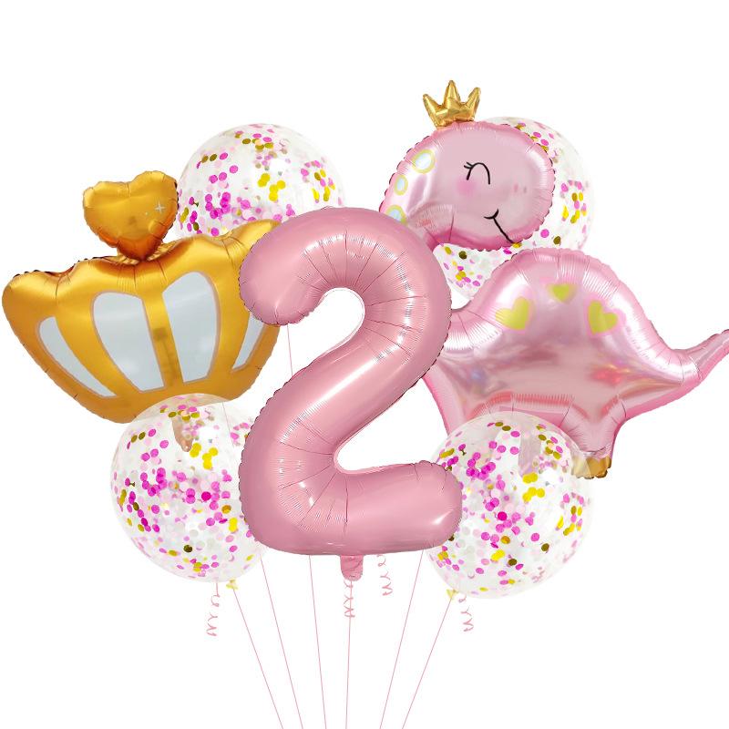 Pink Crown Dinosaur Aluminum Film Balloon Set Girl Children'S First Birthday Party Decoration Scene Arrangement