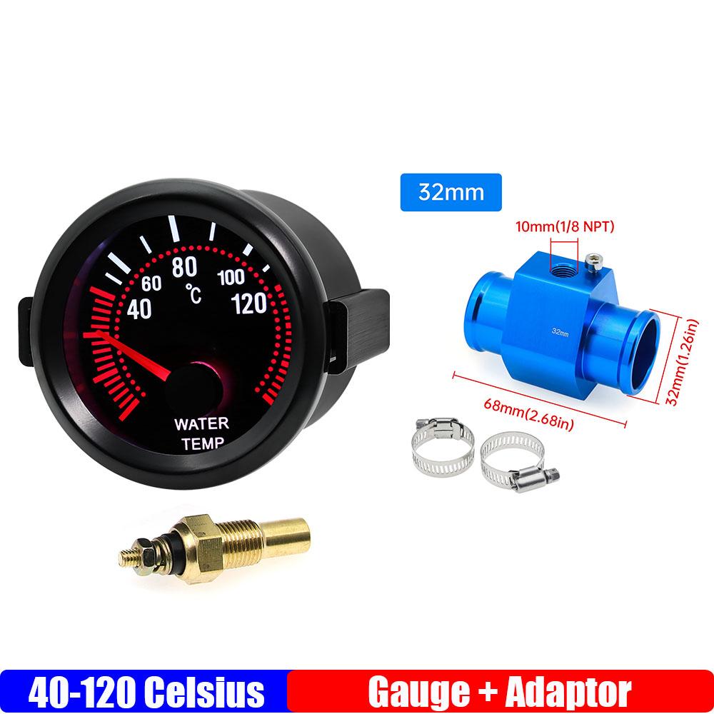 Manómetro de Temperatura del Agua de 2" 52 mm 40-120℃ Medidor de Temperatura del Agua+Sensor de Tubo de Unión de Temperatura del Agua Adaptador de Manguera de 26-40 mm para Coche de Gasolina 12V