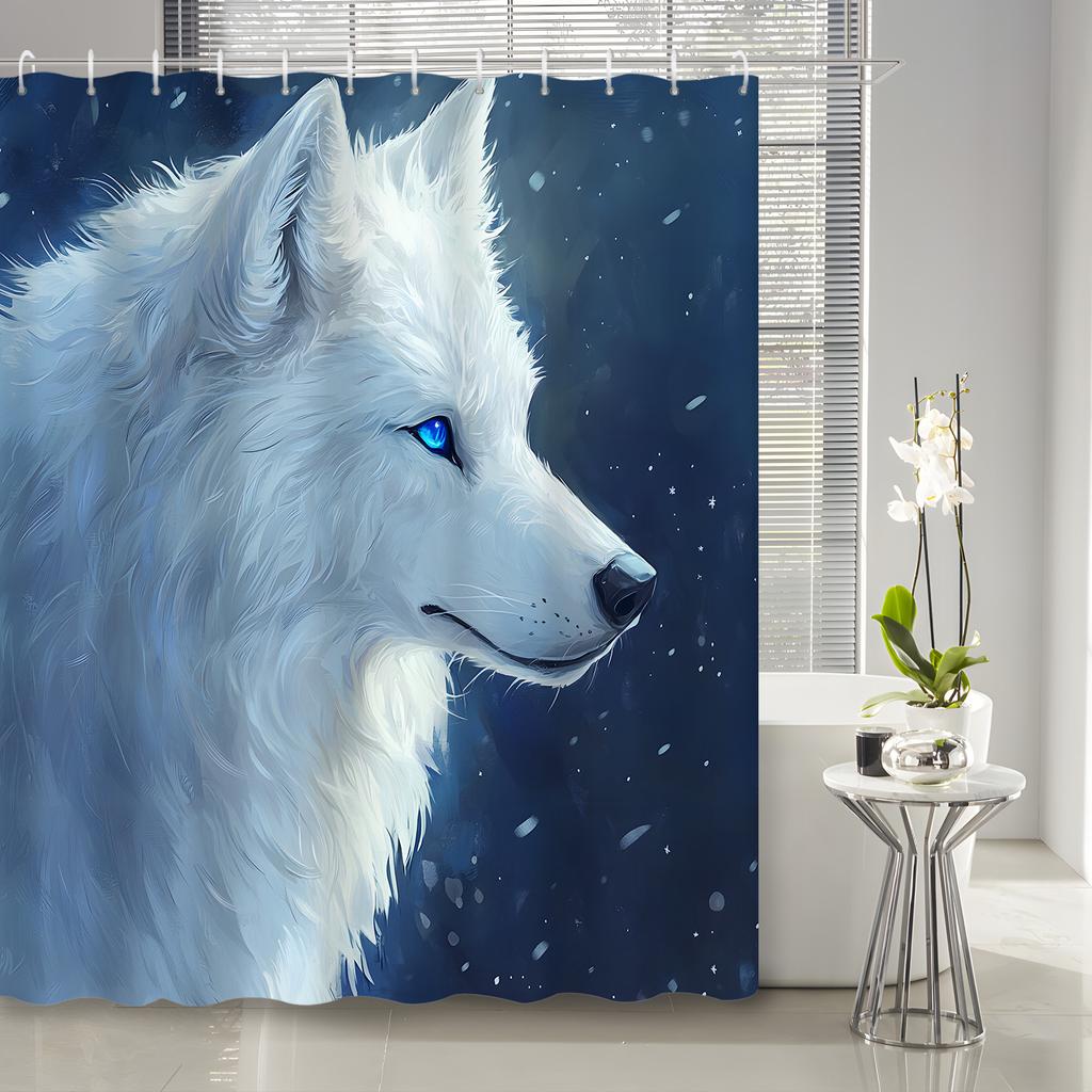 1pc Fierce Animal Wild Wolf White Wolf Bathroom Shower Curtain with 12 Hooks Shower Curtain Partition Curtain, Bathroom Decorati