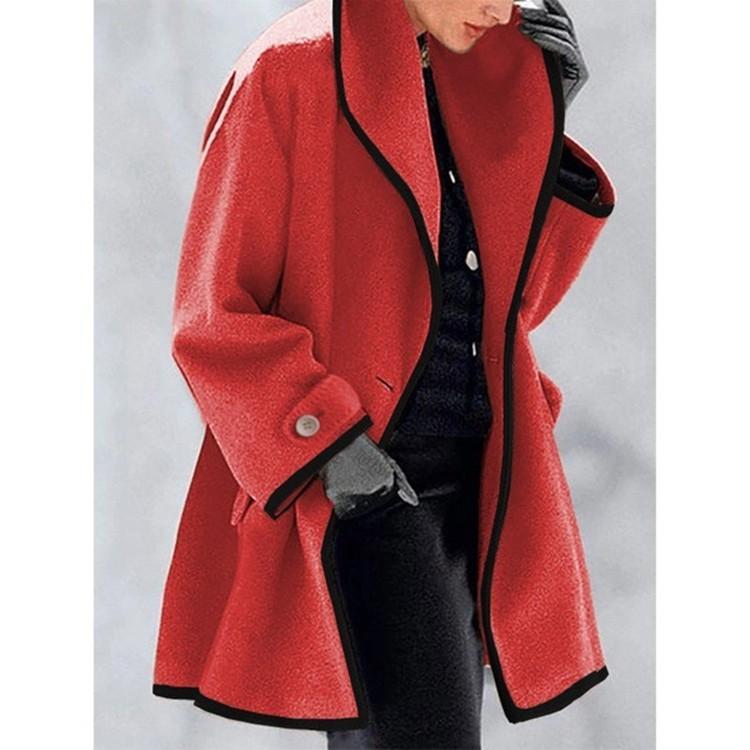 Women's Long Coat with Black Trim, Button Front Closure, Multiple Colors (Blue, White, Red, Beige, Purple, Gray, Black)