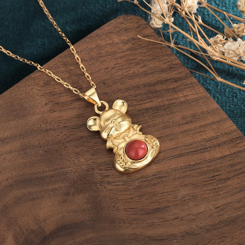2022 Year of the Tiger Zodiac Gold-Plated Pendant Necklace with Imitation Red Agate