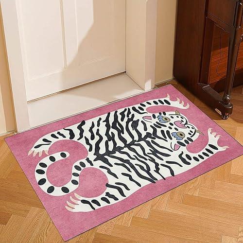Door Mat Pink Background Tiger & Tropical Palm Leaf Pattern Carpet Non Slip Print Entryway Rug for Boho Home Decoration