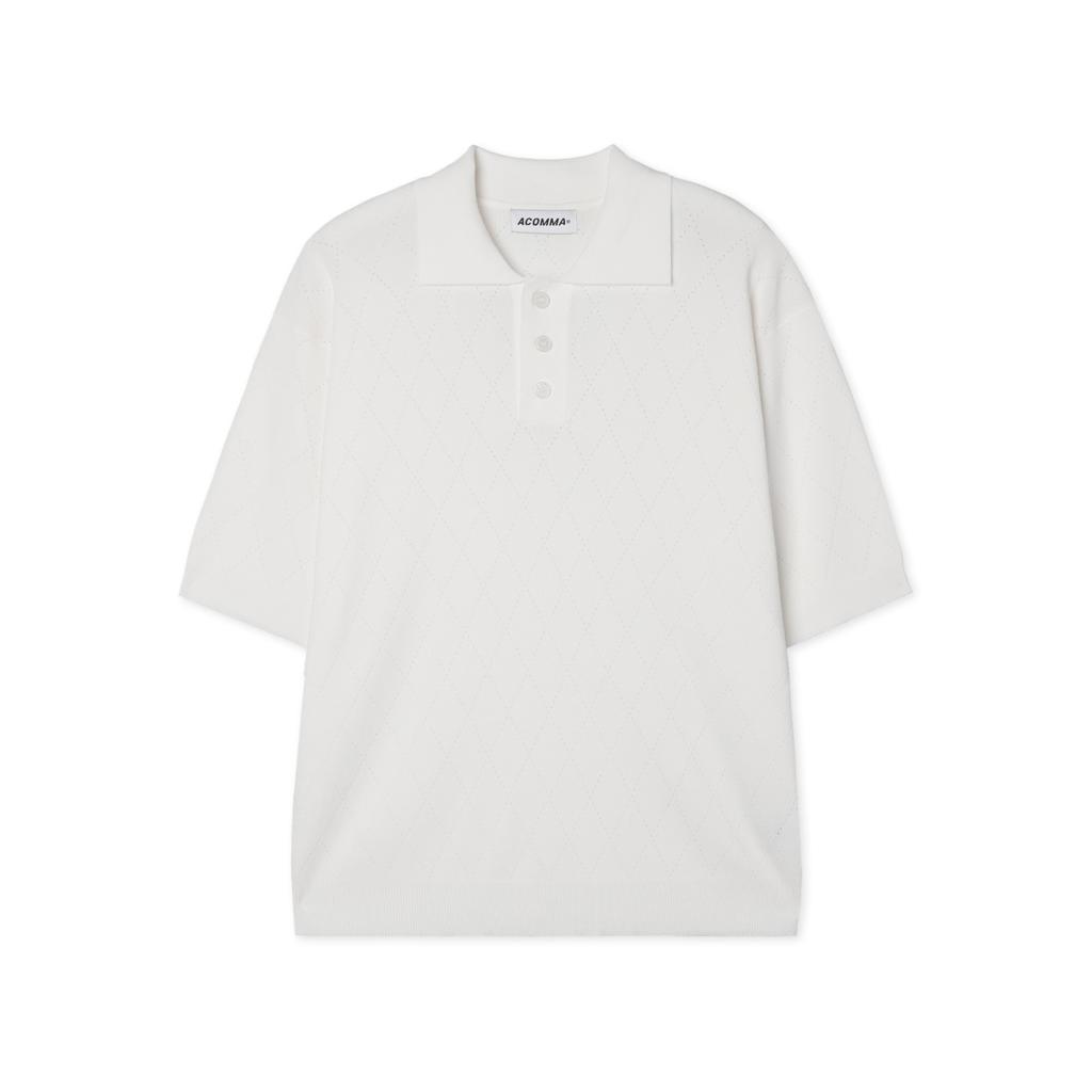 APOSTROPHE COMMA Diamond Punched Short Sleeve Collared T-Shirt_Black
