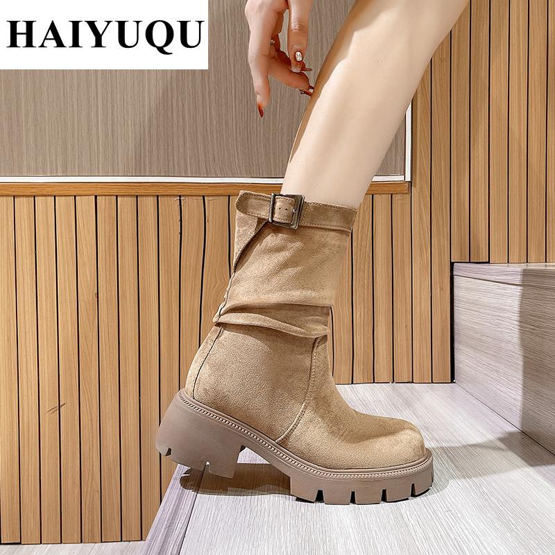 Women Platform High Heels Ankle Boots Suede Chelsea Shoes Brand Designer  Trend New Chunky Retro Snow Goth Pumps Botas Mujer