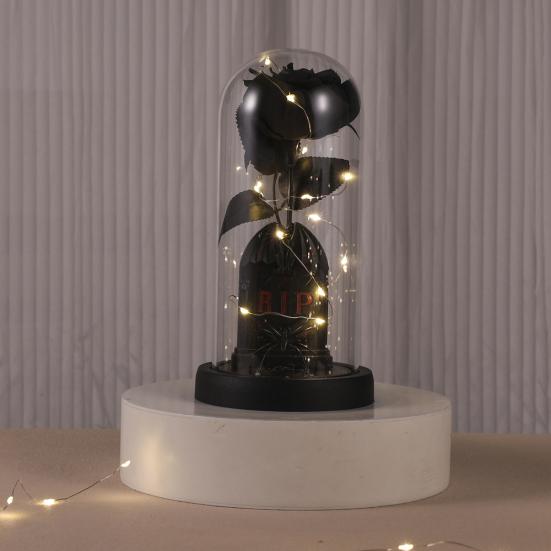 Preserved Black Roses in Glass Dome Halloween Light-up Eternal Flower in Cloche with Skull Pumpkin Statue for Home Kitchen Mantel Tabletop Decor