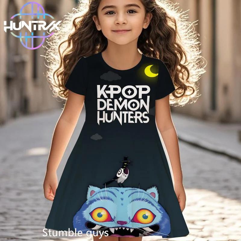 

Kpop Demon Hunters Girls Kids Dress Summer Cartoon Anime Graphic Short Sleeve Beach Sundress Casual Nightgown 130