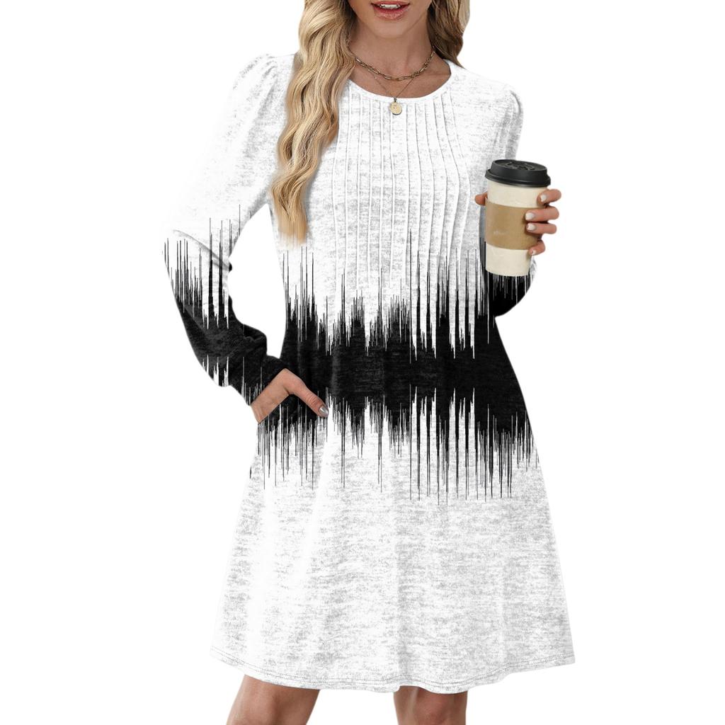 Women's Long Sleeve Pleated Round Neck Vintage Floral Print Casual Dress With Pockets