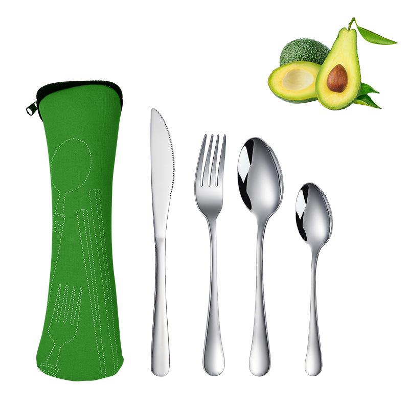 Stainless Steel Travel Cutlery Set: Knife, Fork, Spoon, Bottle Opener with Portable Storage Bag for Outdoor Camping