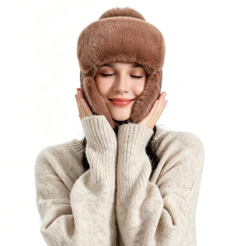 Zeyu Unisex Winter Faux Fur Trapper Hat Warm Fluffy Breathable Knitted Earflap Pom Pom Windproof Cold Weather Sports Travel ODM