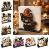 Tabletop Display Stand Halloween Wooden Napkin Holder, Cute Black Cat Mummy Pumpkin Reusable Wood Craft Desktop Organizer for Party, Spooky