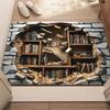 3D Broken Wall Bookcase Rug Realistic Bookshelf Illusion Carpet with Falling Books Creative Home Library Floor Mat Non-Slip