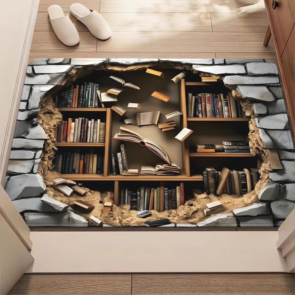 3D Broken Wall Bookcase Rug Realistic Bookshelf Illusion Carpet with Falling Books Creative Home Library Floor Mat Non-Slip