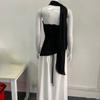 European and American spring/summer color blocked women's strapless slimming style street off shoulder dress