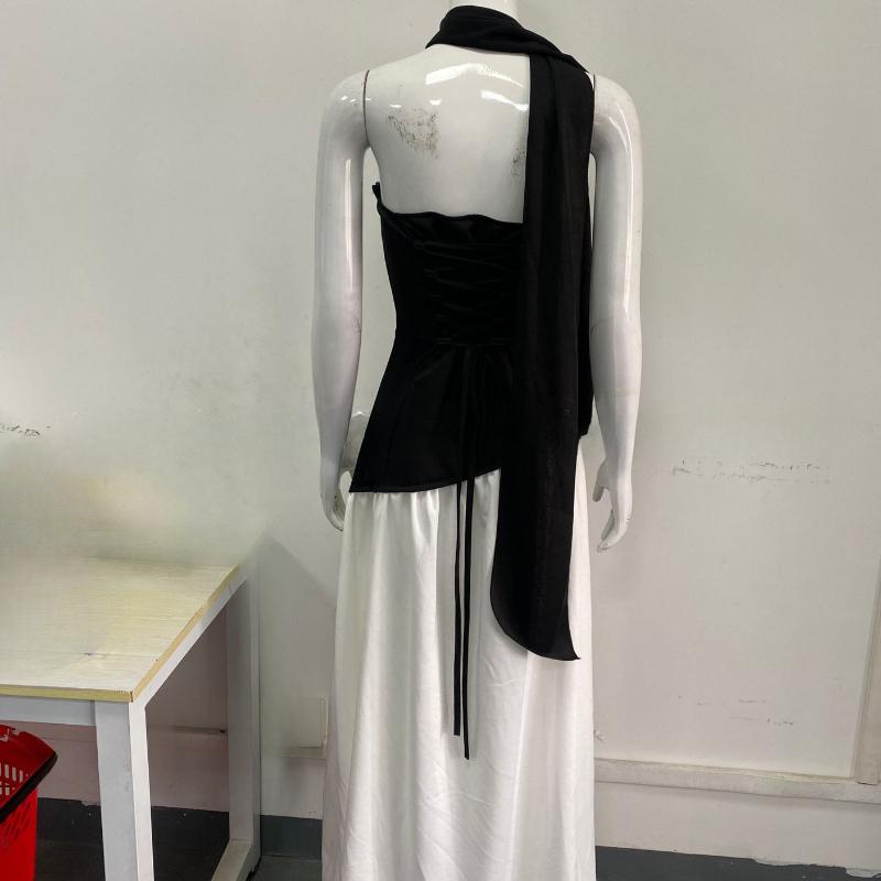 European and American spring/summer color blocked women's strapless slimming style street off shoulder dress