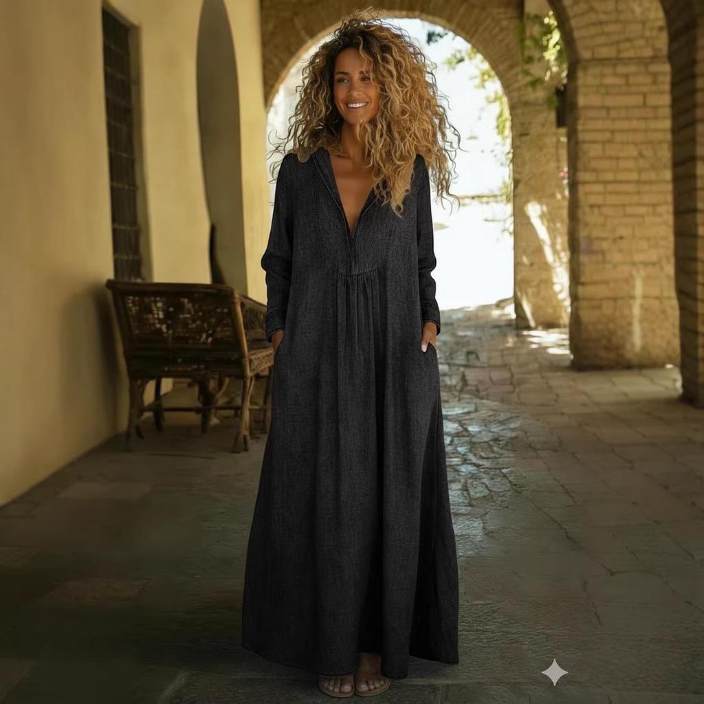Loose Comfortable V-neck Denim Maxi Dress with Pockets