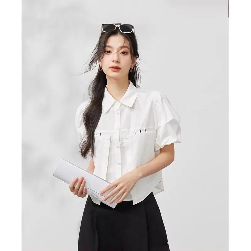 

Women White Short Sleeve Shirt Puff Sleeve Cropped Button Down Casual Blouse S белый