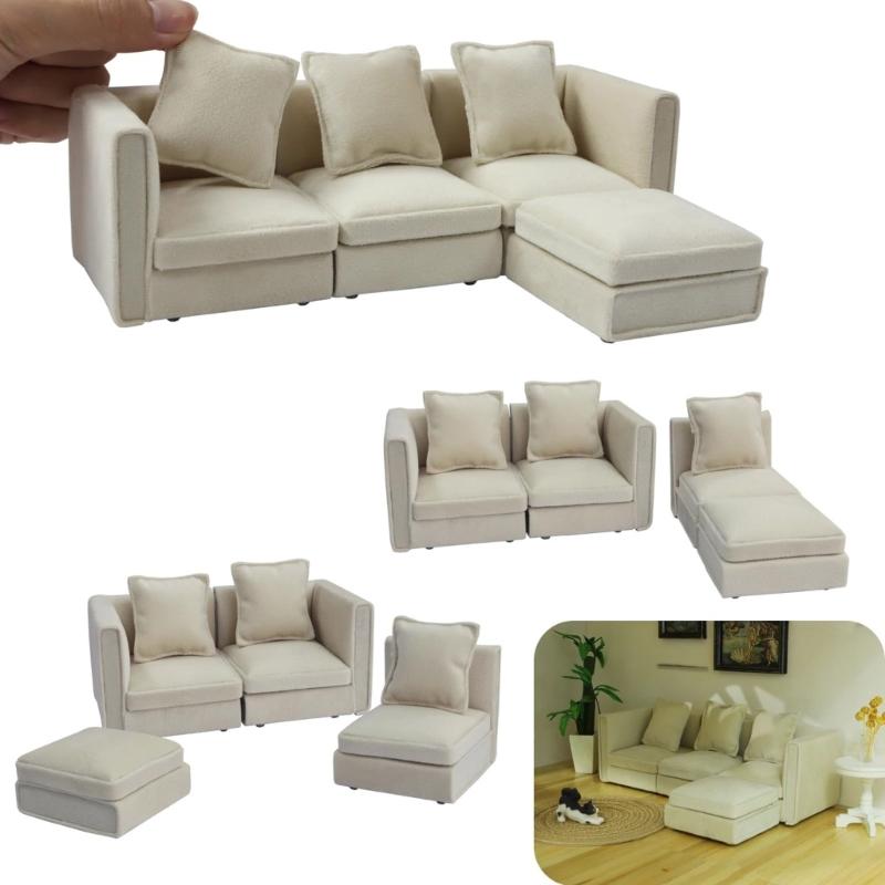 Simple Couch Mini Sofa Set Soft Fabric Dollhouses Furniture 1/12 Scale Compatible with Model Displays