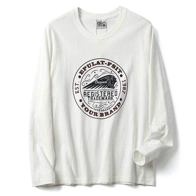 Vintage Print All-Cotton Washed Comfortable Base Shirt for Men, Autumn Round Neck Long-Sleeve T-Shirt, Export Surplus with Tags Removed