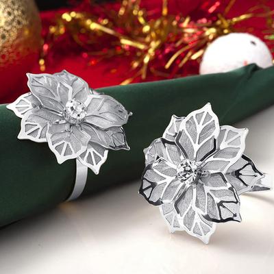 6Pcs/Set Hollow Flower Napkin Ring Luxury Rhinestone Elegant Table Decoration Stainless Steel Dinner Napkin Holder Buckle Wedding Party Supplies