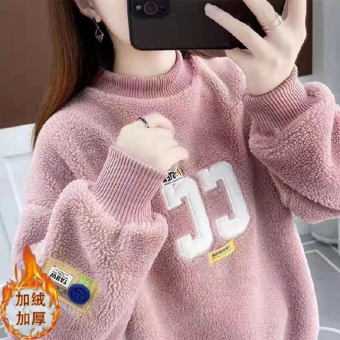Women Fleece Super Thick Sweatshirt Color Block Rib Collar Letter Patch Embroidery Loose Fake Two Piece Long Sleeve Pullover Warm Winter Outerwear
