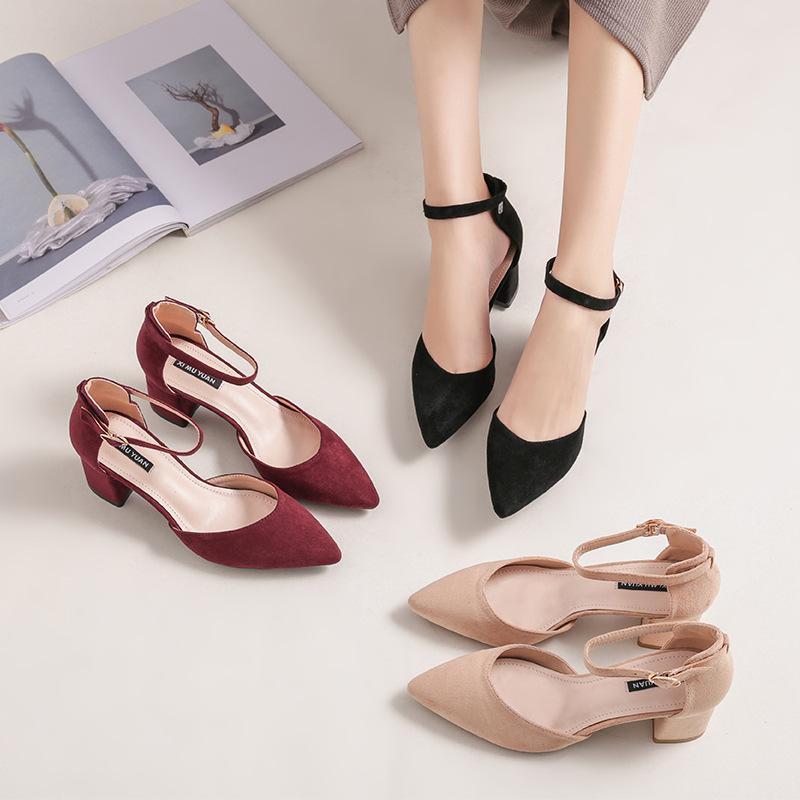 Spring New High-heeled Shoes Women's Thick Heel Word with Pointed Toe Shallow Mouth Single Shoes Professional High-heels