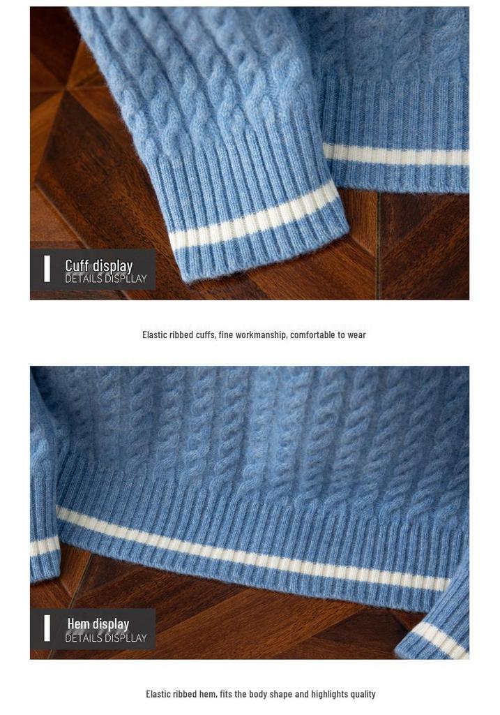 Men's Wool V-Neck Color Block Sweater - Thick Cable Knit for Fall/Winter