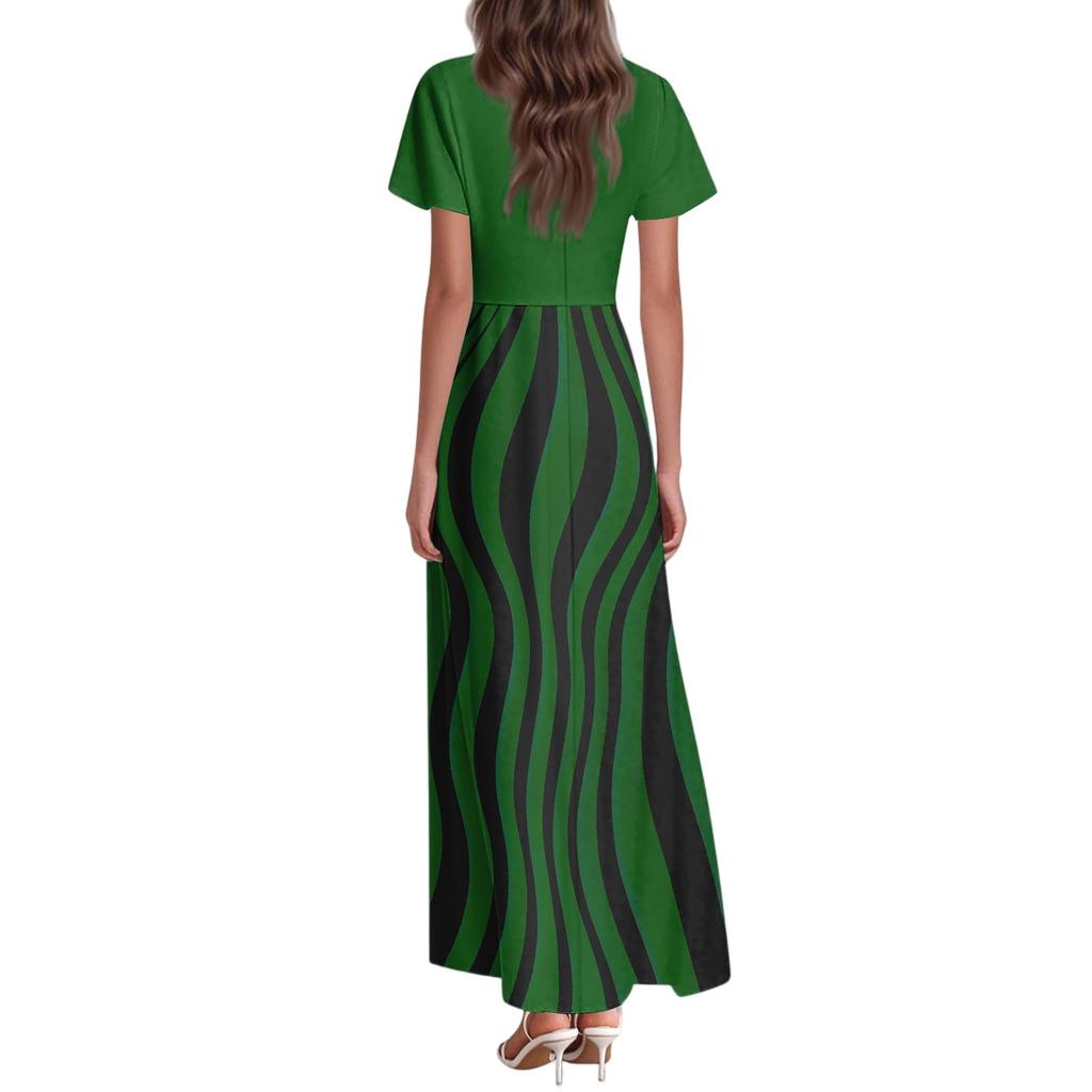 Women's Summer Casual Fashion Striped Printed Dress V Neck Short Sleeve Dress