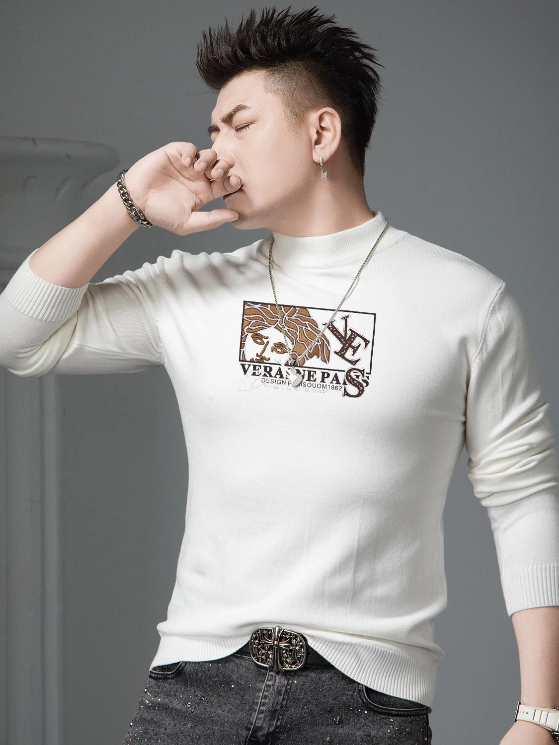 

European Style Half-Turtleneck Sweater for Men, Autumn Trendy Printed Rhinestone Knitwear, Men s Warm Base Layer Shirt 4XL чёрный