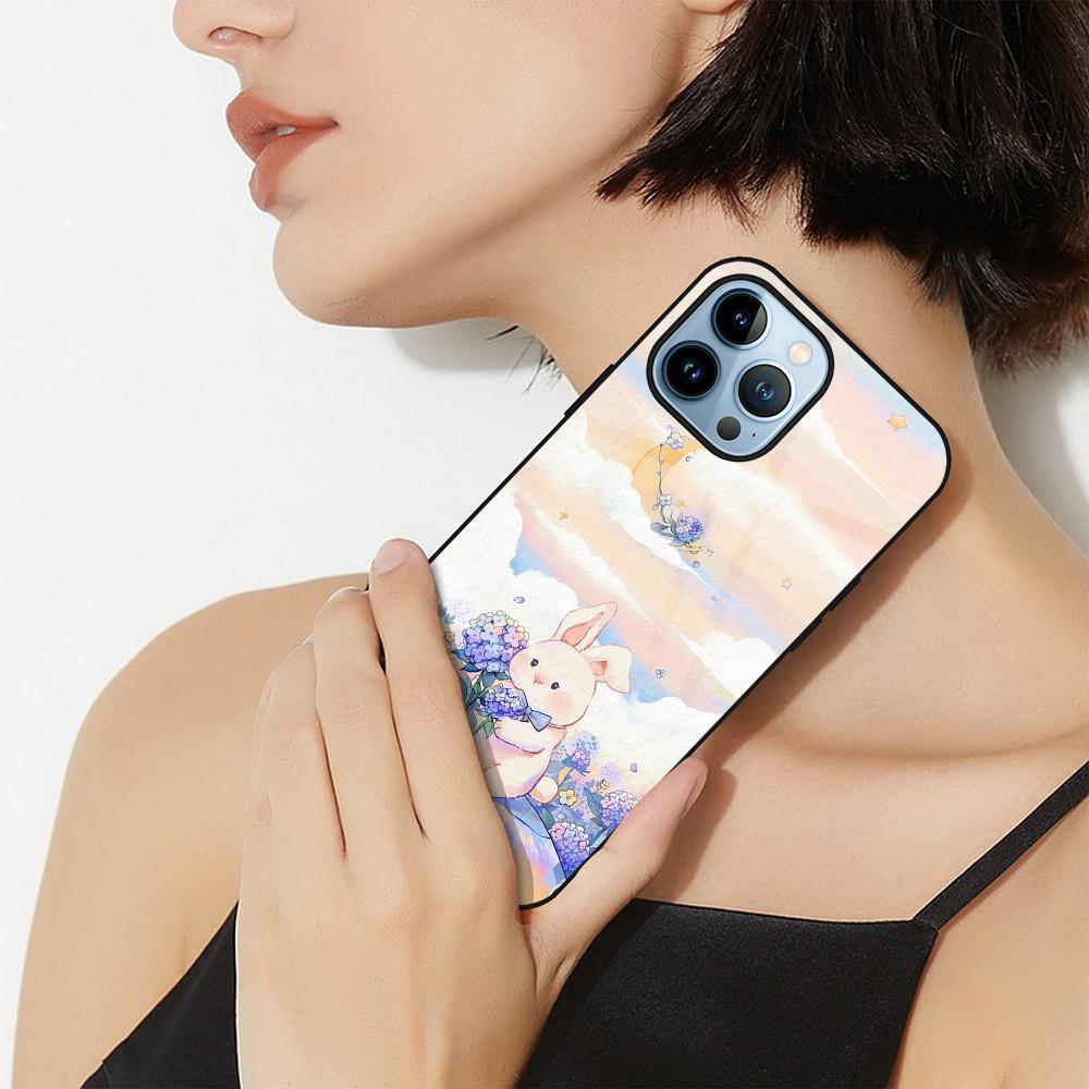 Cartoon Cute Rabbit Case for Iphone 14 13 12 11 Pro Max Mini Xs Xr X 7 8 6s Plus Se 2022 Luxury Tempered Glass Cover Coque Capa