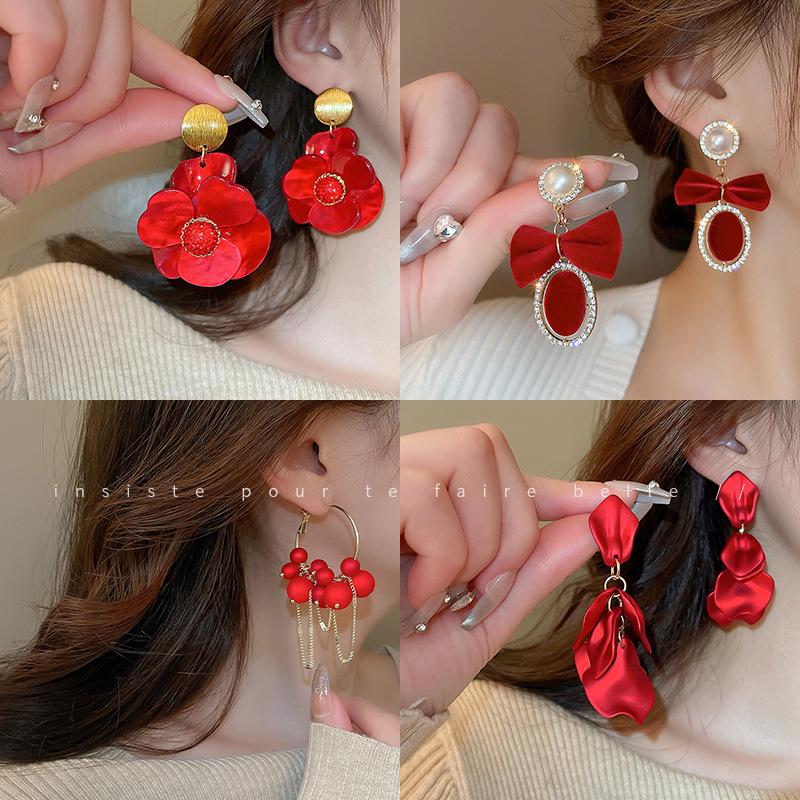 French Burgundy Love Petal Fringed Earrings Niche Fashion Trendy Stud Earrings Earrings Women