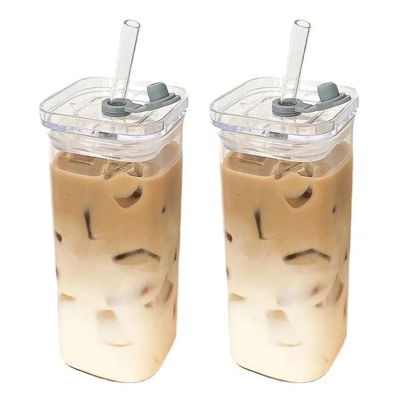 2 STÜCKE Quadratische hitzebeständige Kaffeeglastasse mit Deckel und Strohhalm Transparente Tassen für Milch, Tee, Saft, Kaffeebecher für die Hausbar 400ml