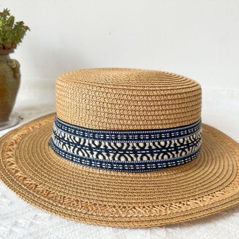 Spring and Summer Hat Ethnic Style Hat Summer Hat Republic of China Style Retro Internet Celebrity Flat Top Weaving Retro Summer Hollow