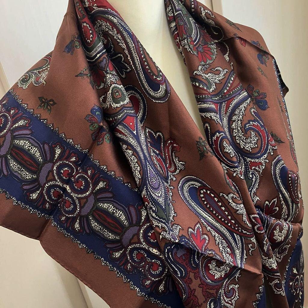 Used Scarf, silk scarf, 100% silk, large scarf, stole, shawl, all-over pattern, brown