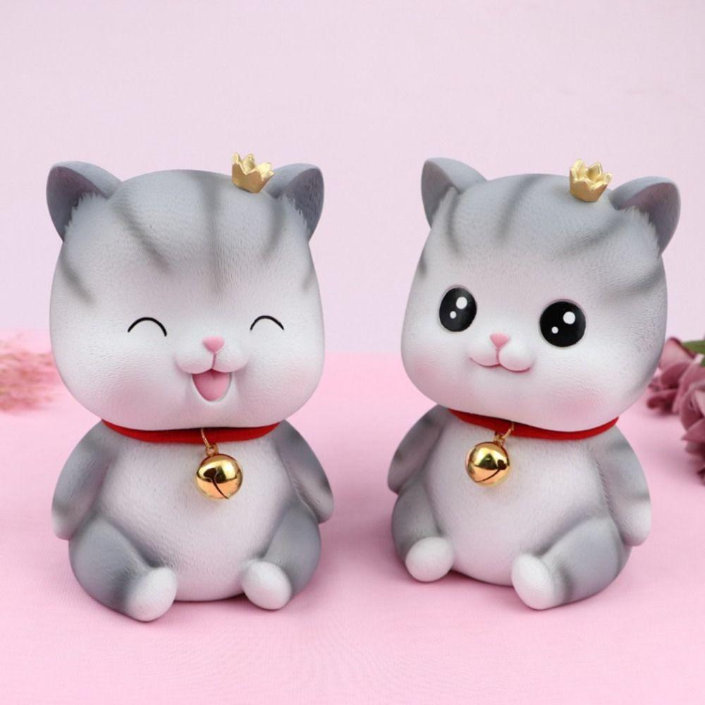 Animal Design Statue Money Box Grey Cat Crafts Ornaments Creative Cat Piggy Bank  Home Office