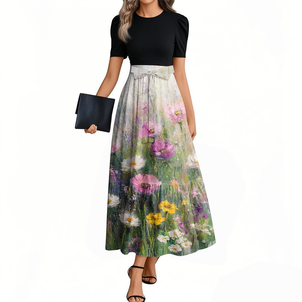 Damenmode Casual Gürtel Kurzarm Rundhals Blumennähte Elegantes Temperamentkleid