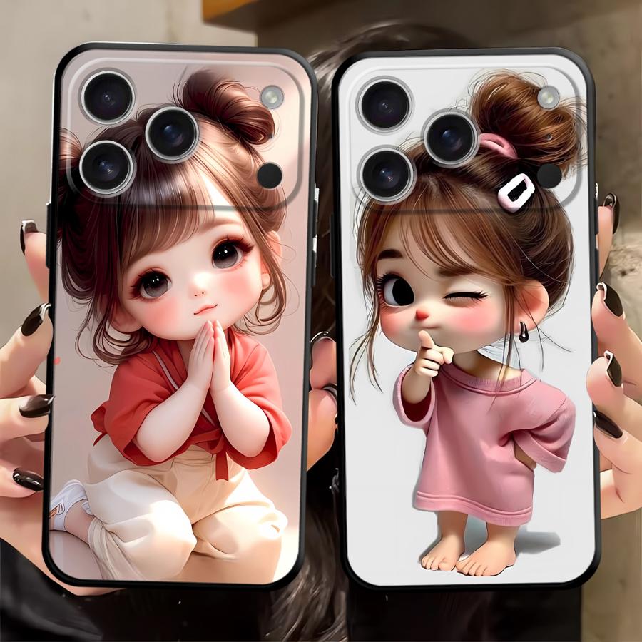 Cartoon Girl Pattern Case for iPhone XS Max XR 13 12 11 17 Pro Max 7 8 17Air 15 16 14 Plus Black Soft Phone Cover