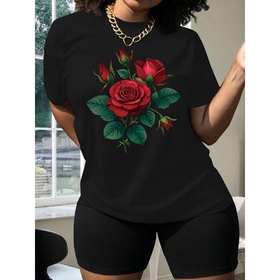 Europäische Größen [Blumen-T-Shirt in Übergröße] Lässiges T-Shirt für Damen in Übergröße - Lebendiger roter Rosen-Blumenprint auf Schwarz