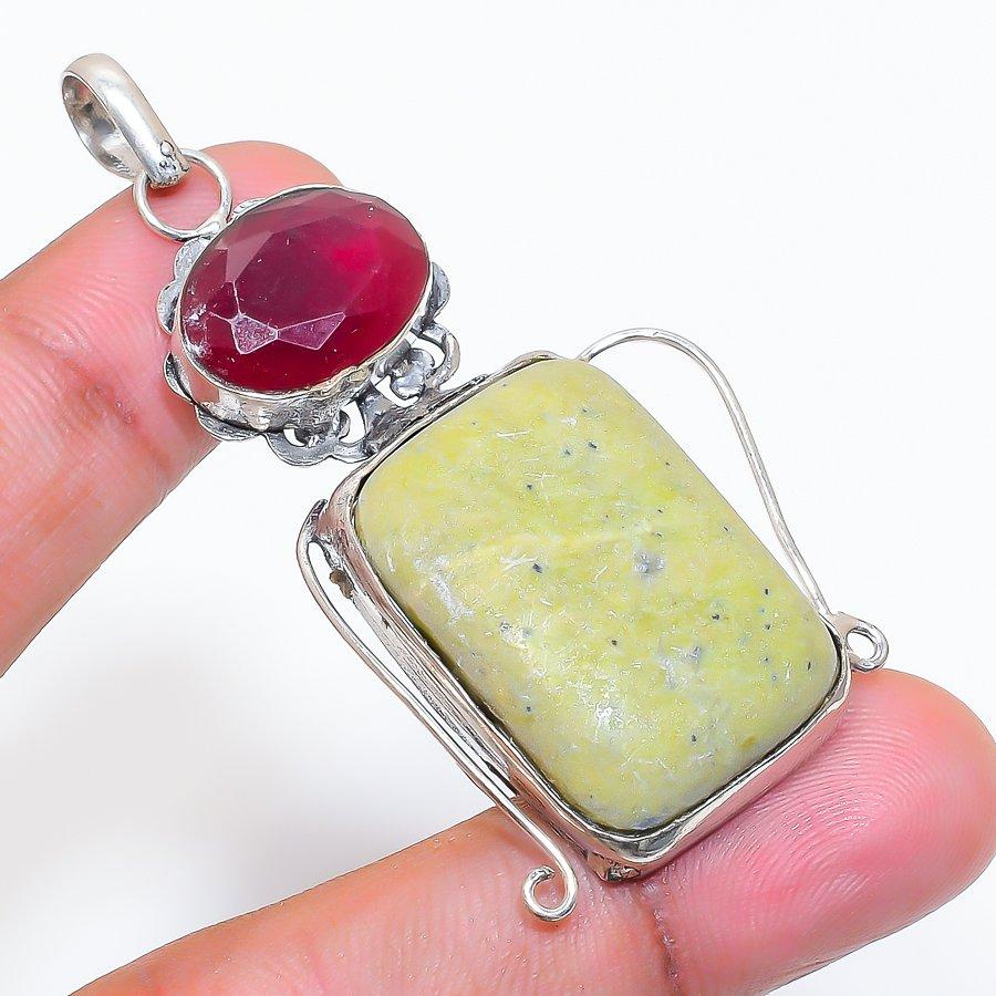 Natural Swiss Green Opal, Jade 925 Sterling Silver Jewelry Pendant 2.48" ZS-773