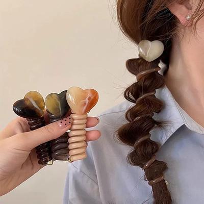 Phone Cord Straight Spiral Hair Tie Heart Decor Hair Ring Ponytail Braid Fixed Hair Rope No Crease Elastic Coils Multi